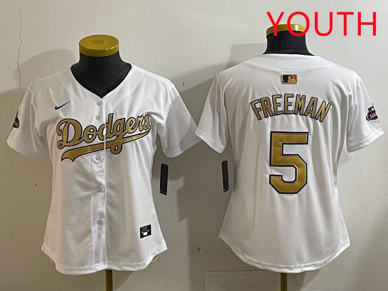 Youth Los Angeles Dodgers #5 Freeman White Champion gold character 2025 Nike MLB Jersey style 412->youth mlb jersey->Youth Jersey